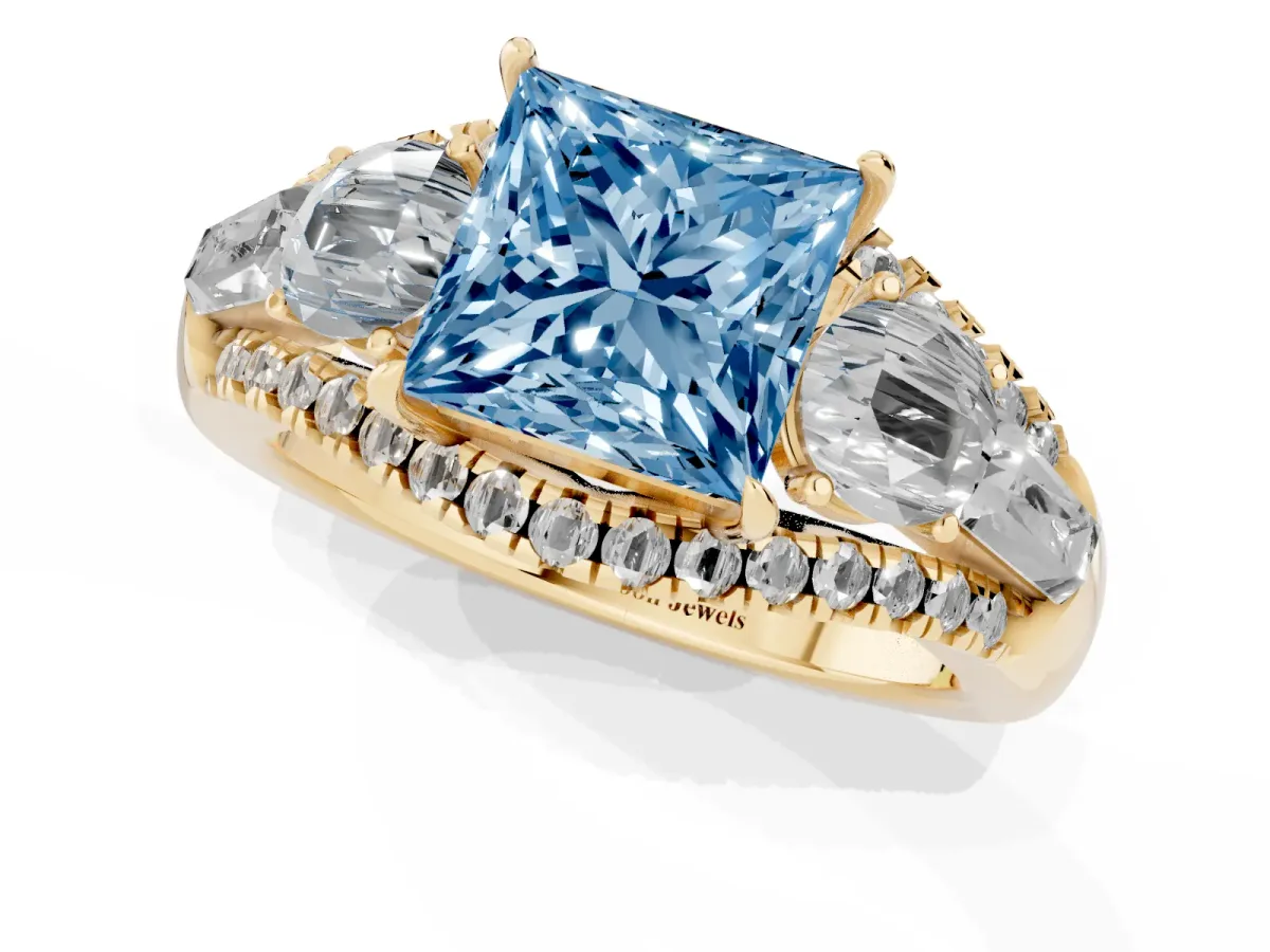 Fancy Blue Three-Stone Princess Cut Diamond Engagement Ring with Pave Band and Prong Setting Yellow gold
