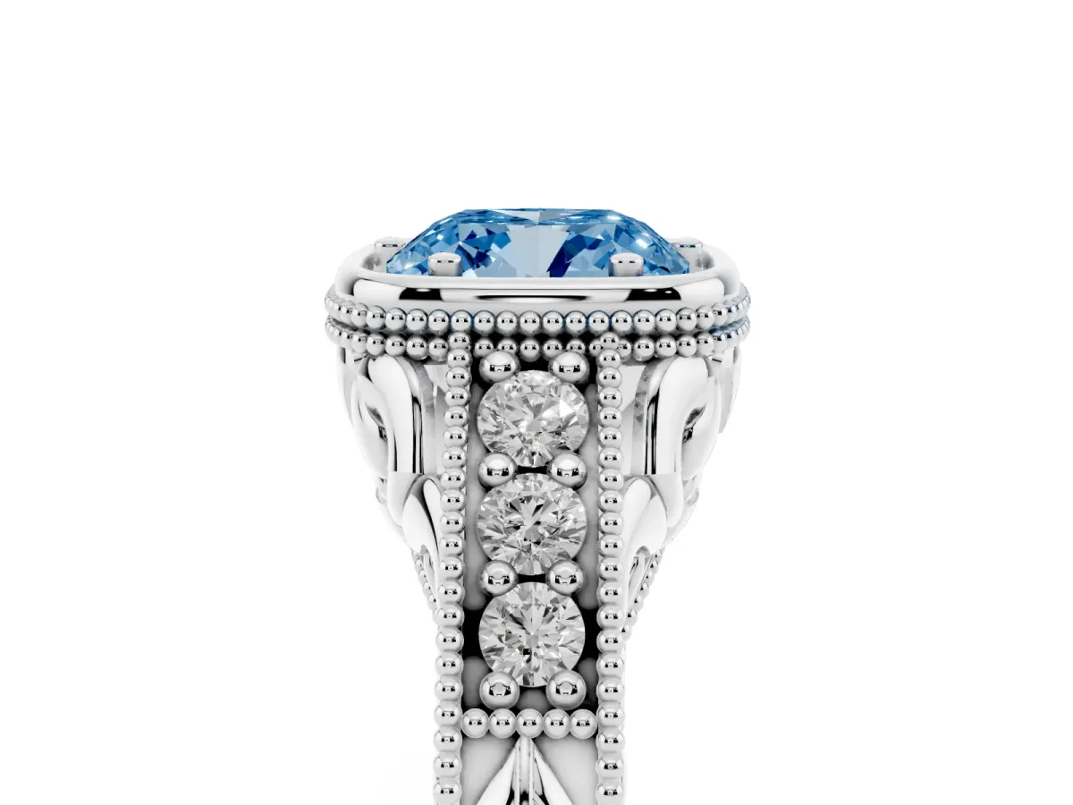 Fancy Blue Bezel Set Cushion Cut Diamond Milgrain Pave Engagement Ring Silver