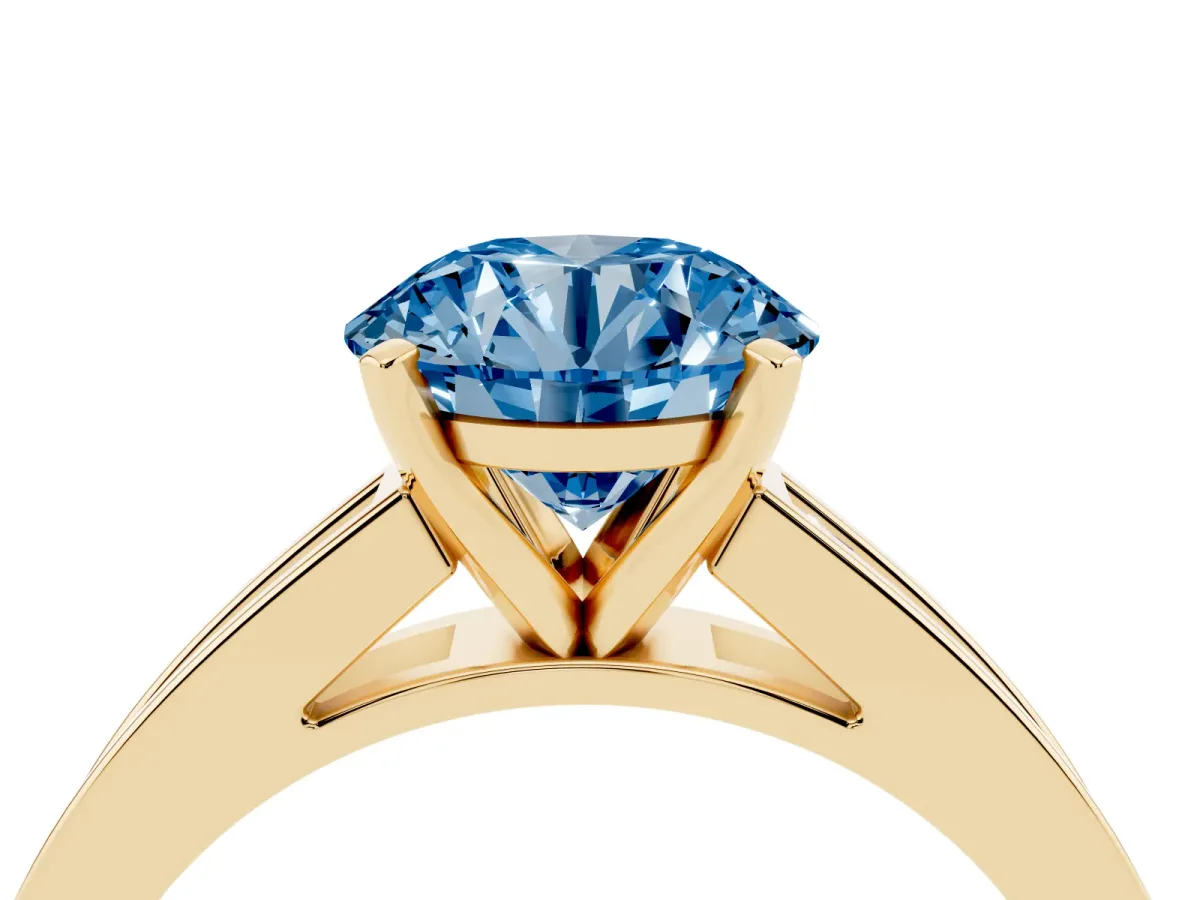 Fancy Blue Round Cut Solitaire Diamond Ring with Channel-Set Band and Four-Prong Setting Yellow gold