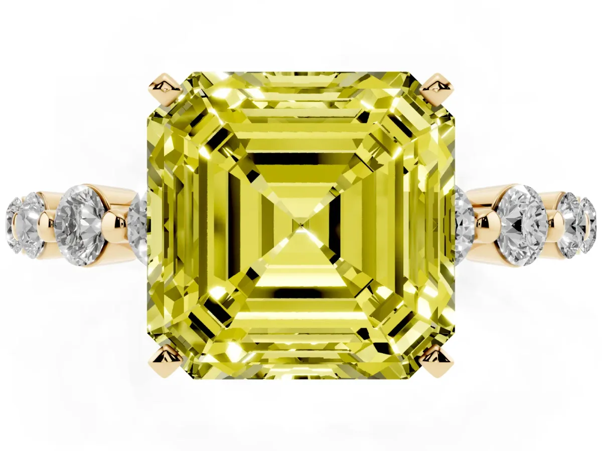 Fancy Yellow Asscher Cut Solitaire Diamond Ring with Pave Band and Four-Prong Setting Yellow gold