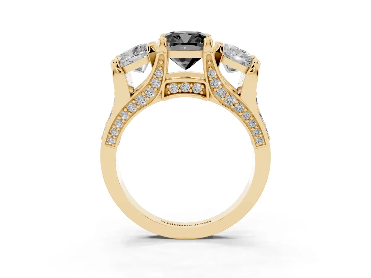 Fancy Black Cushion Cut Diamond Three-Stone Ring with Channel Set Band and Four-Prong Setting Yellow gold