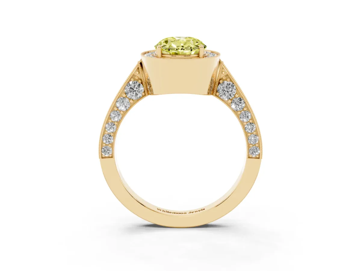 Fancy Yellow Oval Cut Halo Diamond Engagement Ring with Split Shank Band and Four-Prong Setting Yellow gold