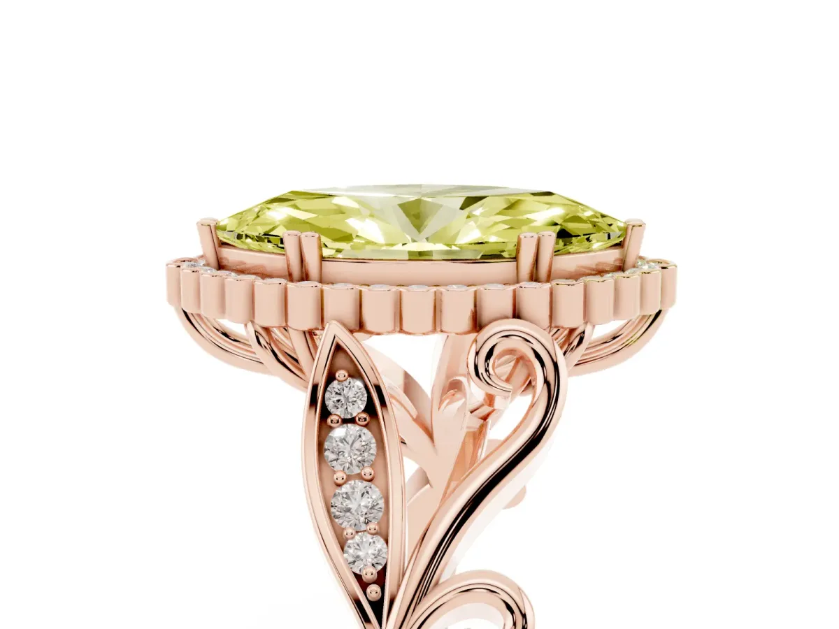 Fancy Yellow Marquise Cut Diamond Halo Ring with Vintage Split Shank and Four-Prong Setting Rose gold