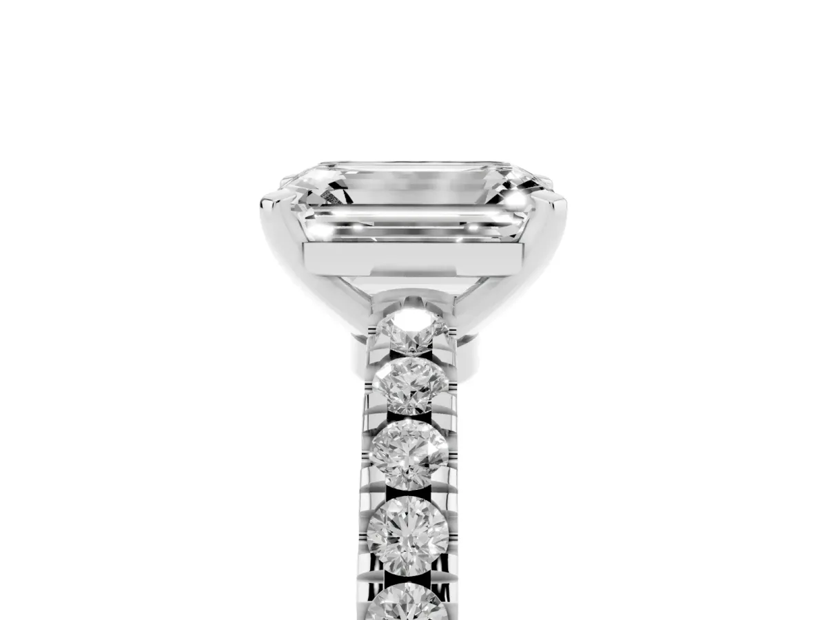 Emerald Cut Solitaire Diamond with Pavé Band and Four-Prong Setting Silver