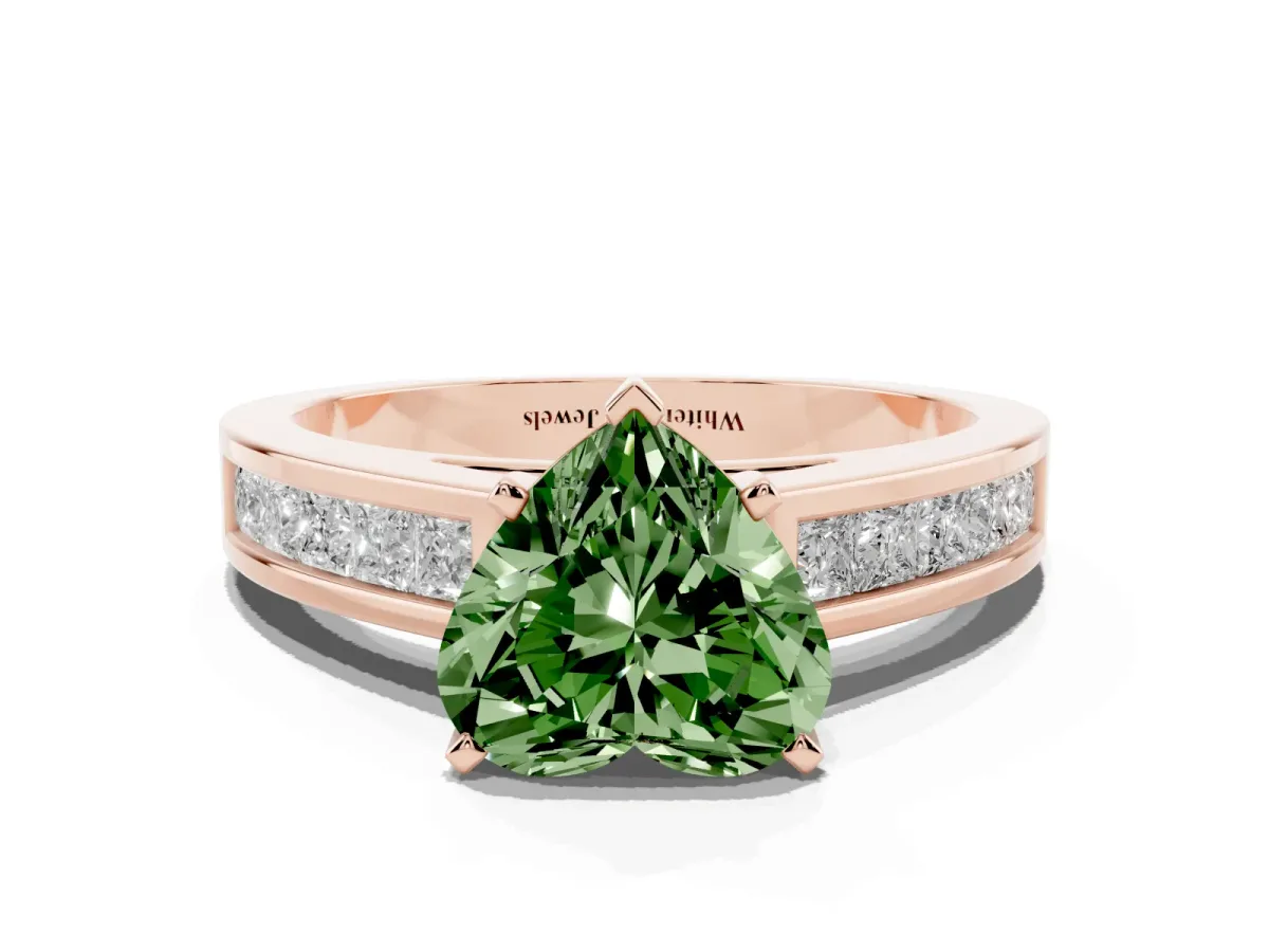 Fancy Green Heart Cut Solitaire Diamond Ring with Channel-Set Band and Four-Prong Setting Rose gold