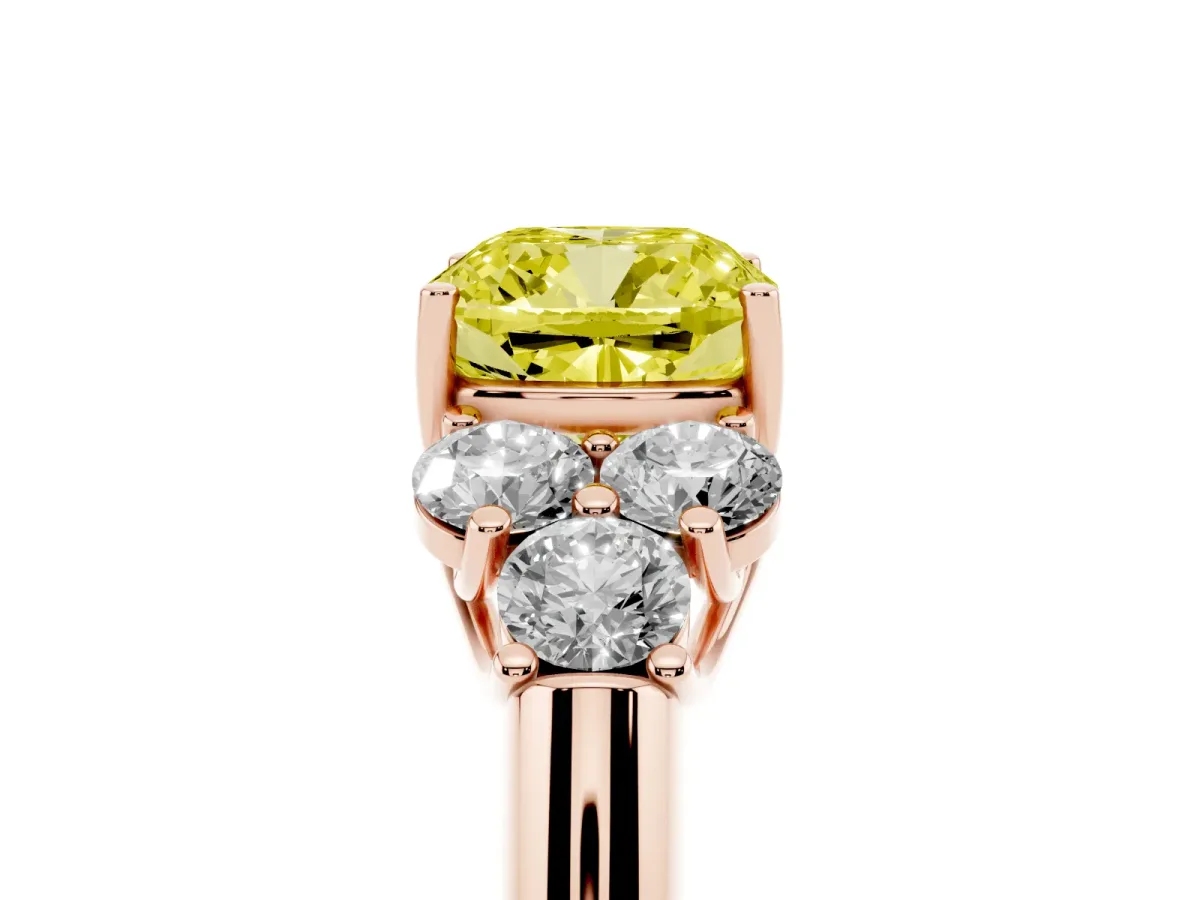 Fancy Yellow Cushion Cut Cut Diamond Cluster Ring with Round Accent Stones and Prong Setting on a Classic Band Rose gold