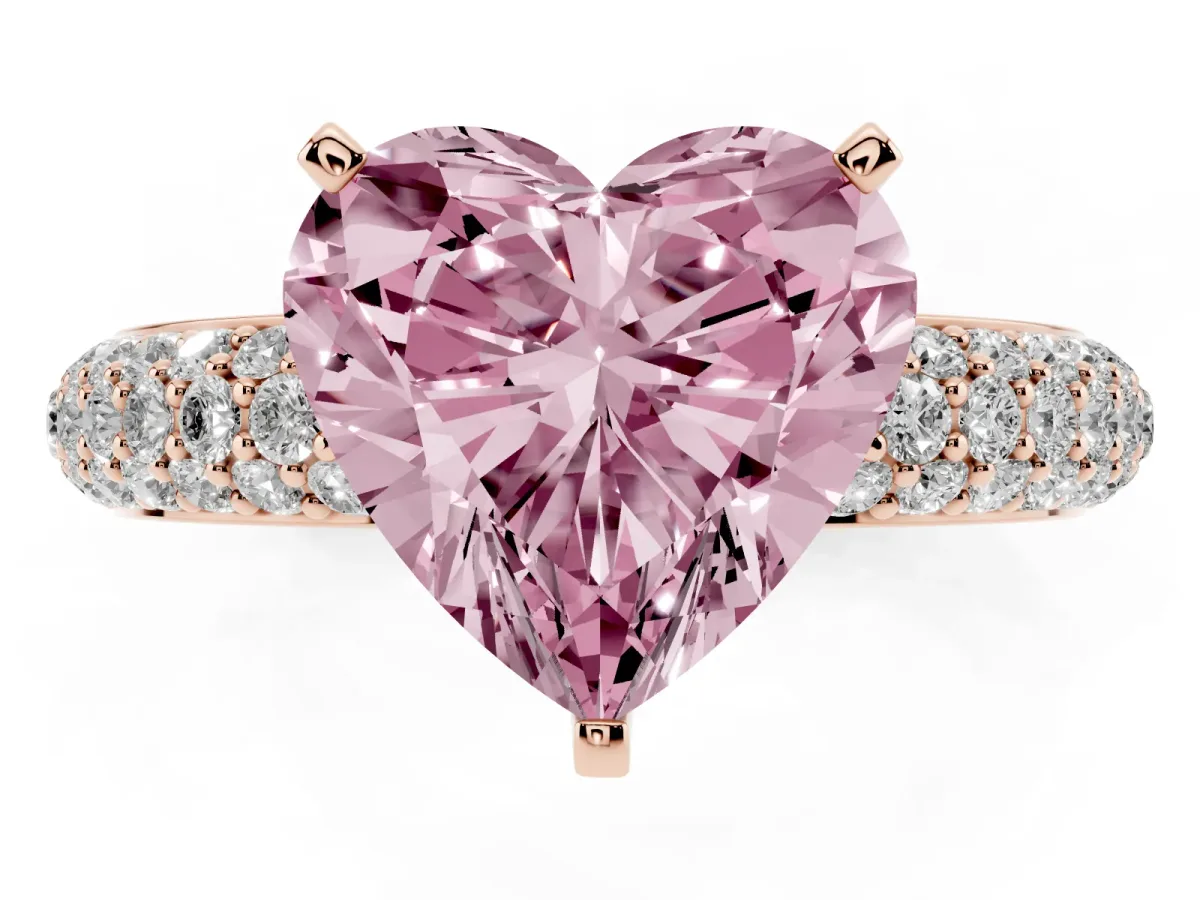 Fancy Pink Heart Cut Diamond Solitaire Ring with Prong Setting and Pavé Band Rose gold