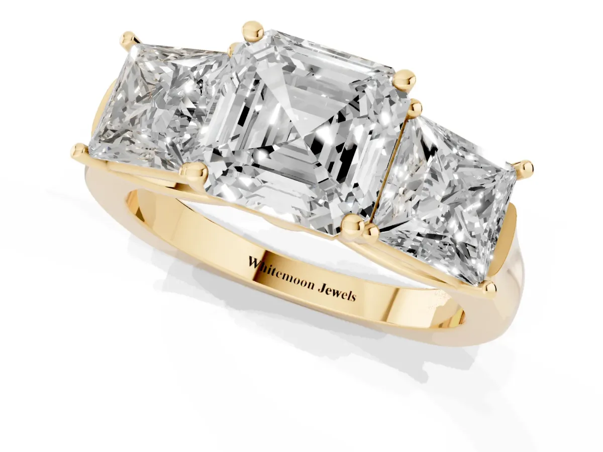 Three-Stone Asscher Cut Brilliant Diamond Trellis Ring with Comfort Fit Band Yellow gold