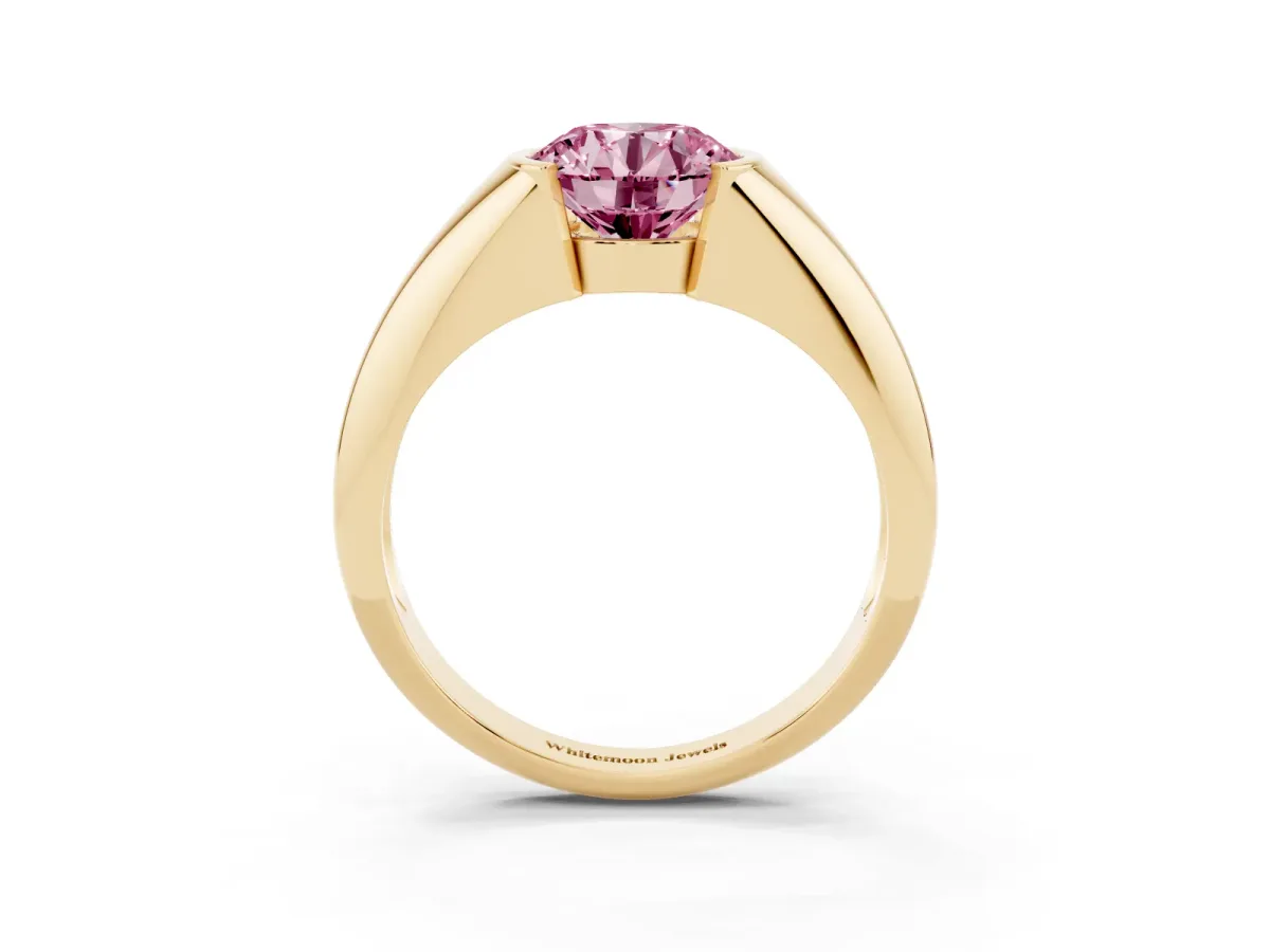 Fancy Pink Round Cut Solitaire Tension Set Diamond Ring Yellow gold