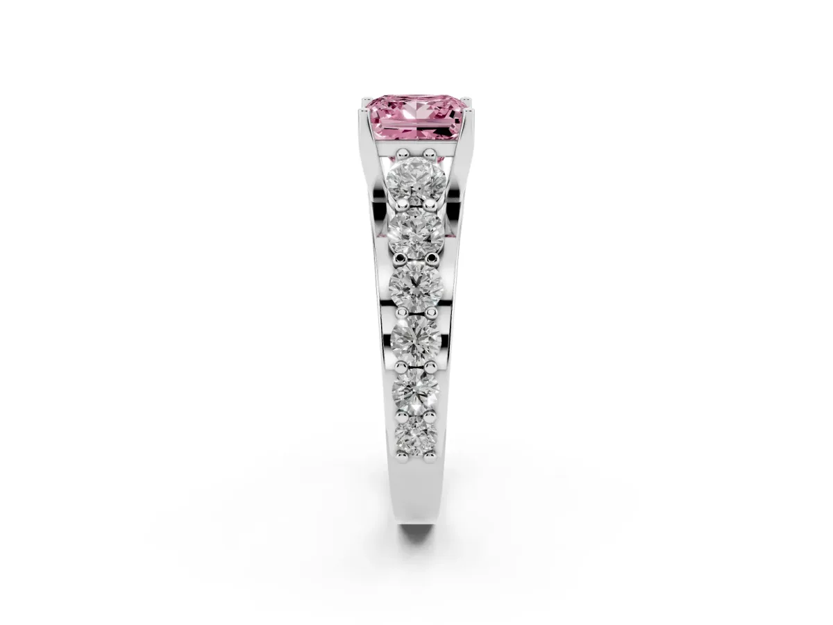 Fancy Pink Princess Cut Diamond Engagement Ring with Pavé Band and Four-Prong Setting Platinum