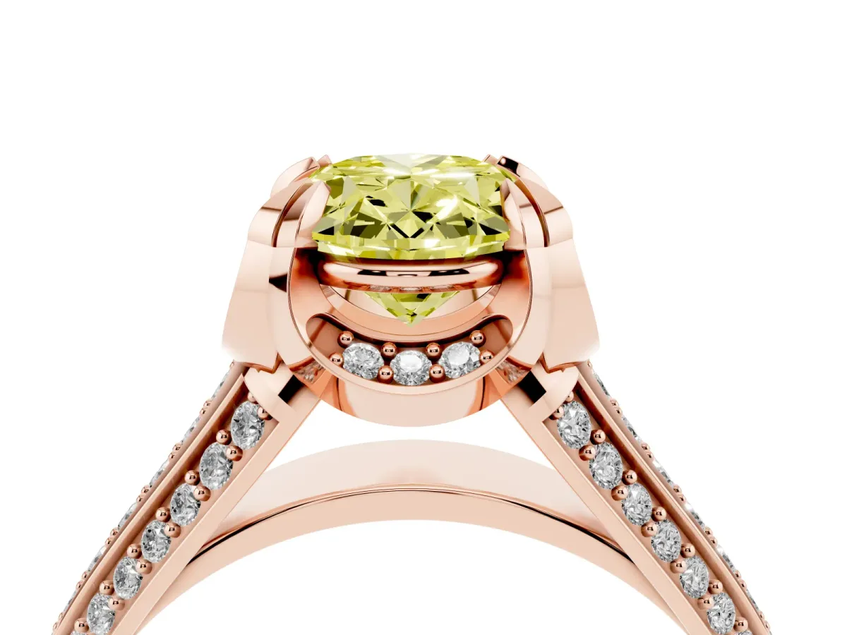 Fancy Yellow Oval Cut Solitaire Pave Split Shank Ring with Four-Prong Setting Rose gold