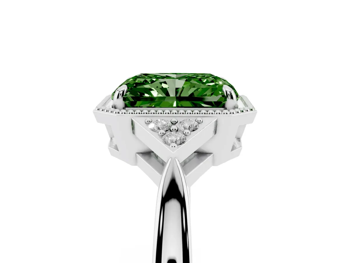 Fancy Green Hexagonal Halo Radiant Cut Diamond Solitaire with Pavé Band and Four-Prong Setting Platinum