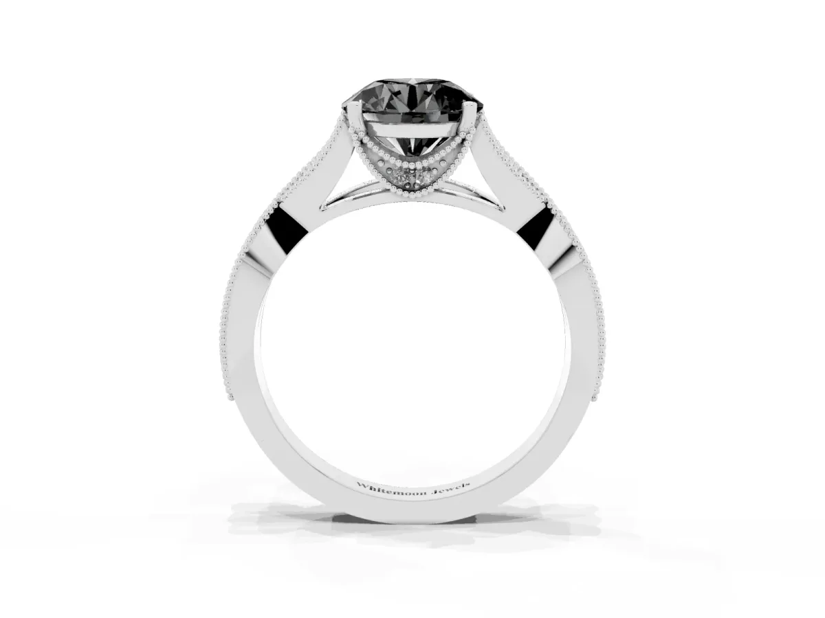 Fancy Black Round Cut Cut Diamond Twisted Band with Milgrain Pave Setting and Four-Prong Setting Silver