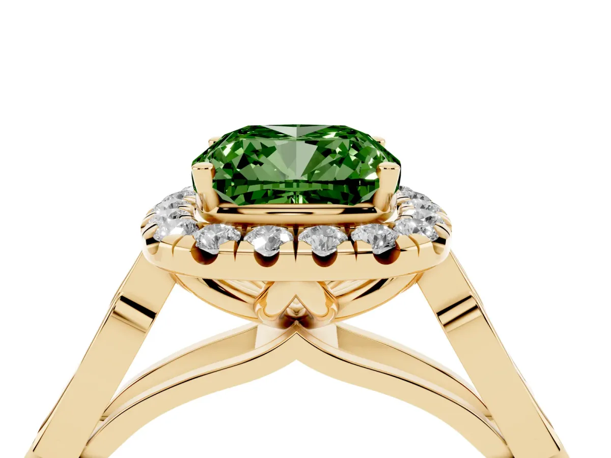 Fancy Green Cushion Cut Halo Diamond Engagement Ring with Filigree Band and Four-Prong Setting Yellow gold