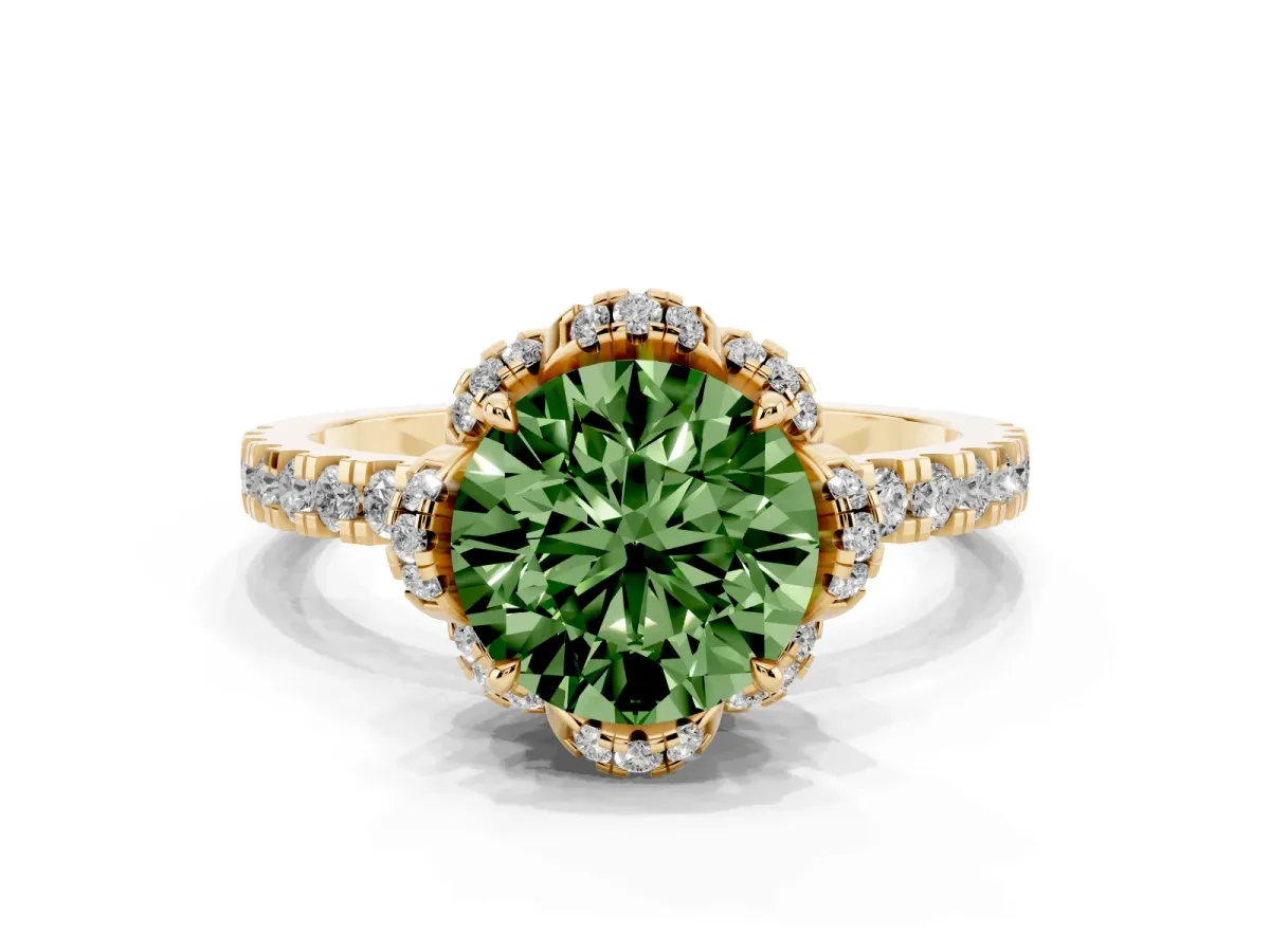 Fancy Green Round Cut Diamond Halo Pave Band with Four-Prong Setting Yellow gold