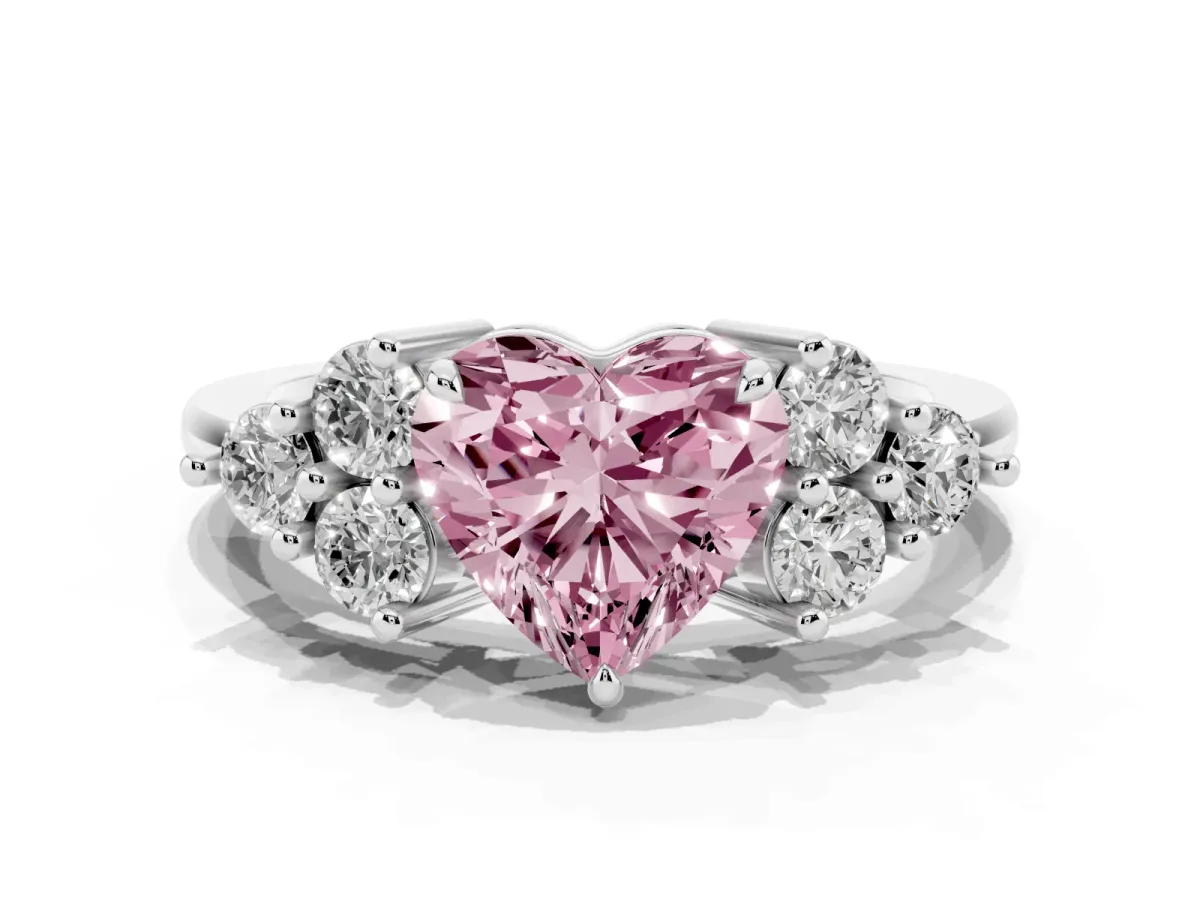 Fancy Pink Heart Cut Brilliant Diamond Cluster Accent Solitaire Ring with Prong Setting Silver