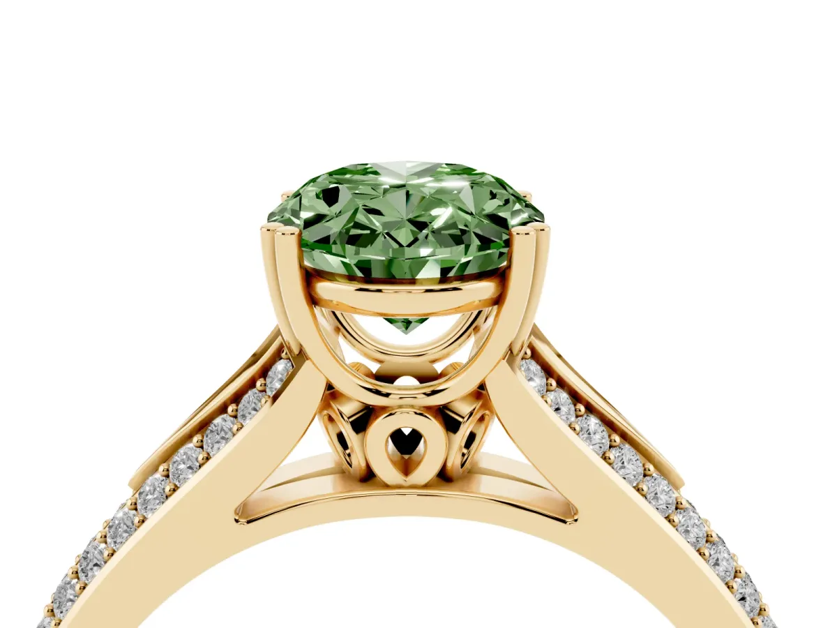 Fancy Green Oval Cut Diamond Split Shank Engagement Ring with Pavé Band Yellow gold