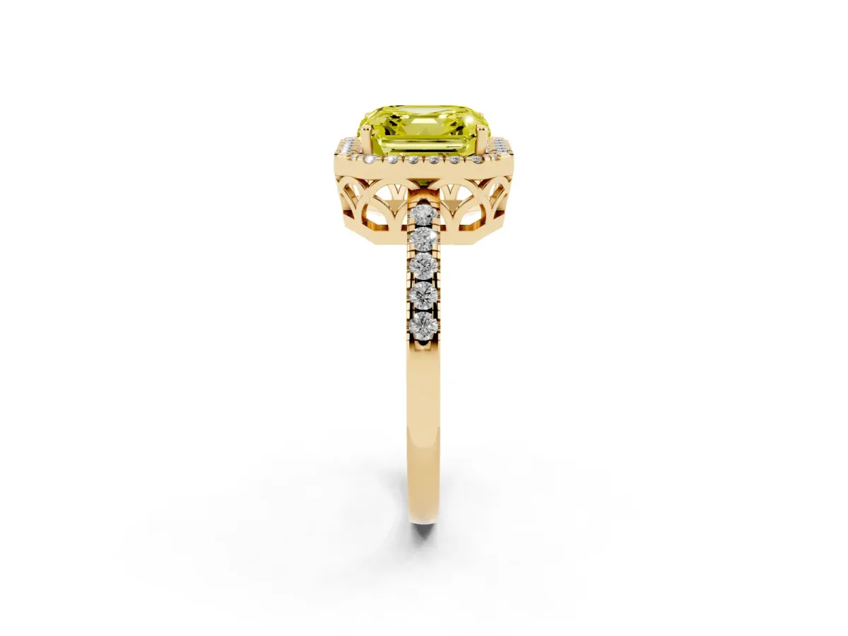 Fancy Yellow Asscher Cut Halo Diamond Engagement Ring with Pavé Band and Four-Prong Setting Yellow gold