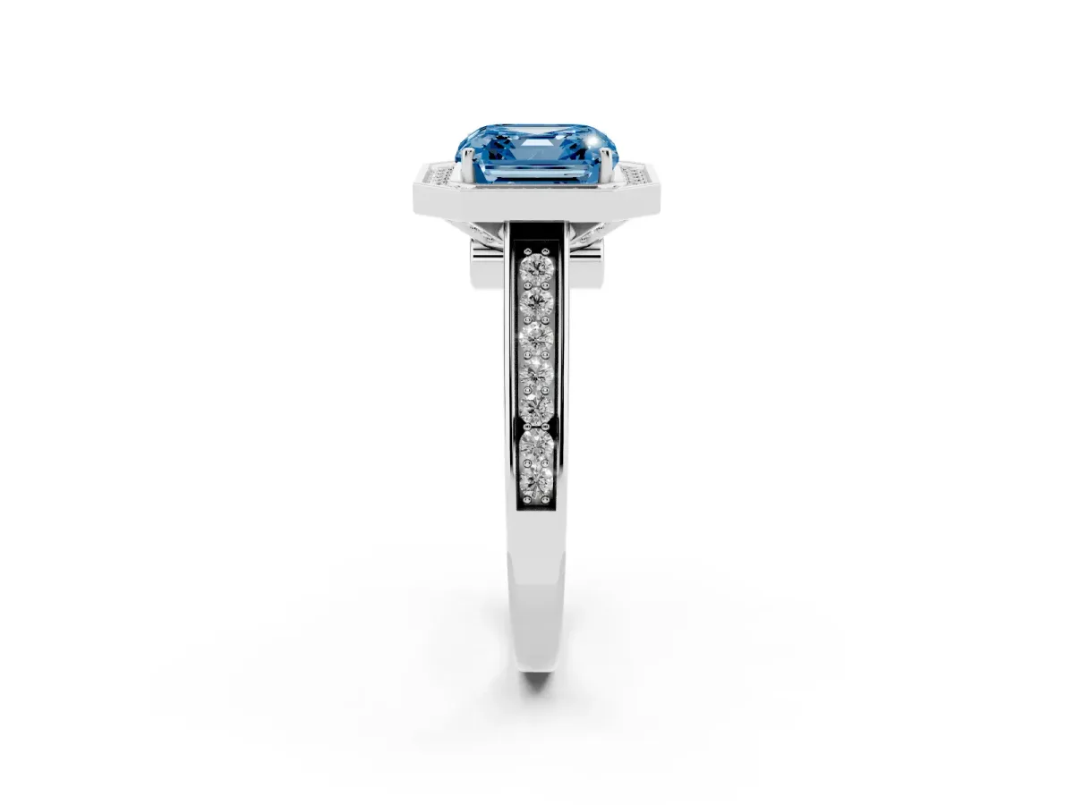 Fancy Blue Asscher Cut Halo Solitaire Diamond Ring with Pave Band and Bezel Setting Silver