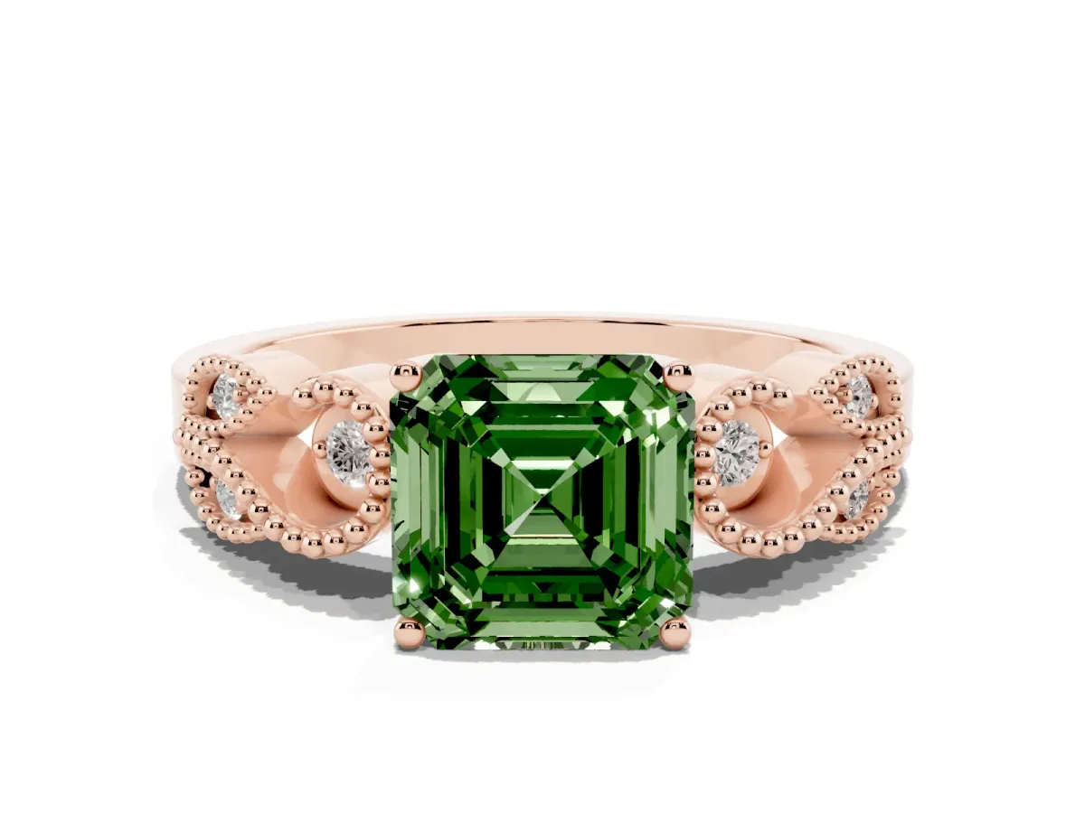 Fancy Green Asscher Cut Solitaire Milgrain Leaf Band with Prong Setting Rose gold