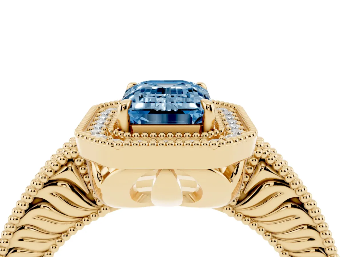 Fancy Blue Emerald Cut Cut Halo Diamond Ring with Pavé Band and Four-Prong Setting Yellow gold