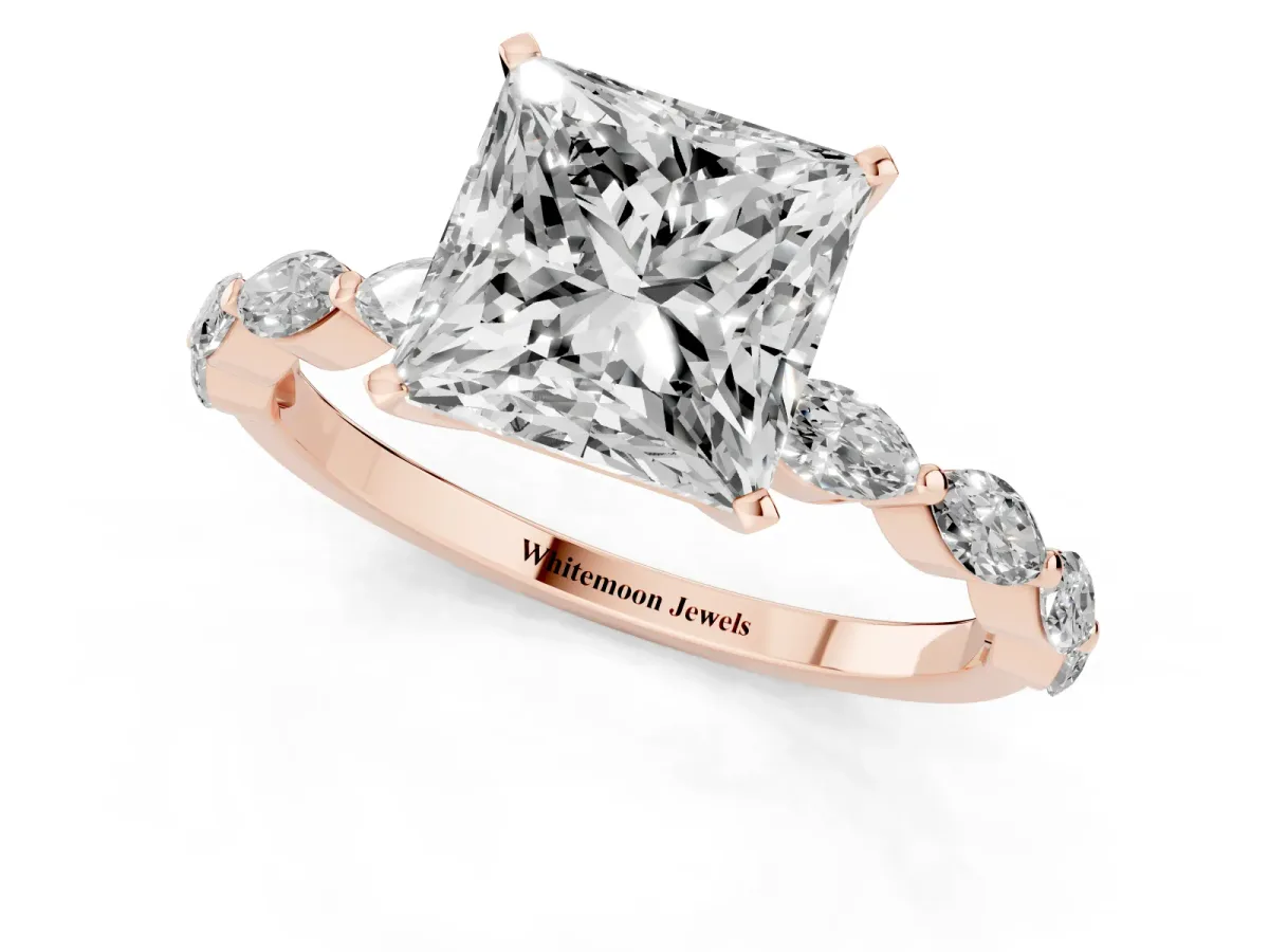 Princess Cut Diamond Ring with Marquise Side Stones and Prong Setting Rose gold
