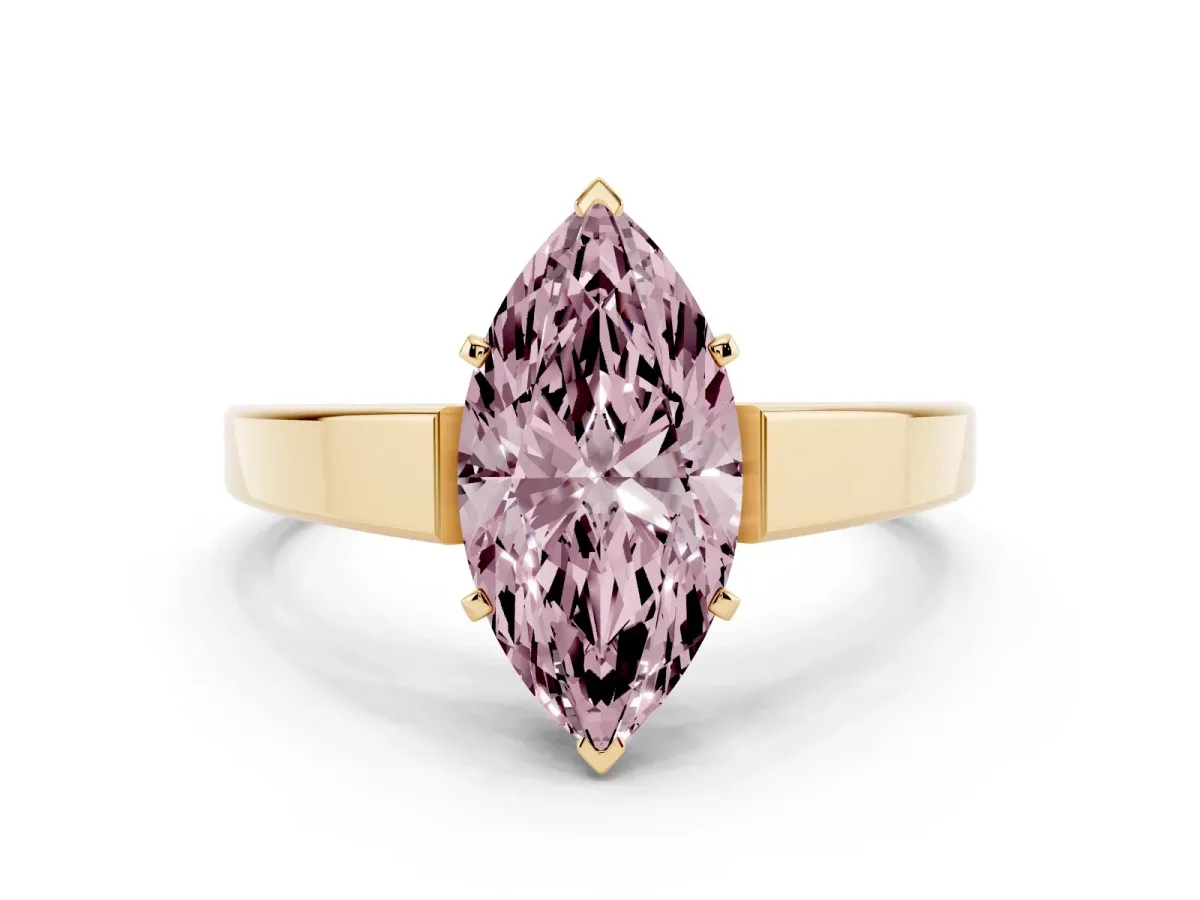 Fancy Pink Marquise Cut Solitaire Engagement Ring with Four-Prong Setting and Tapered Band Yellow gold