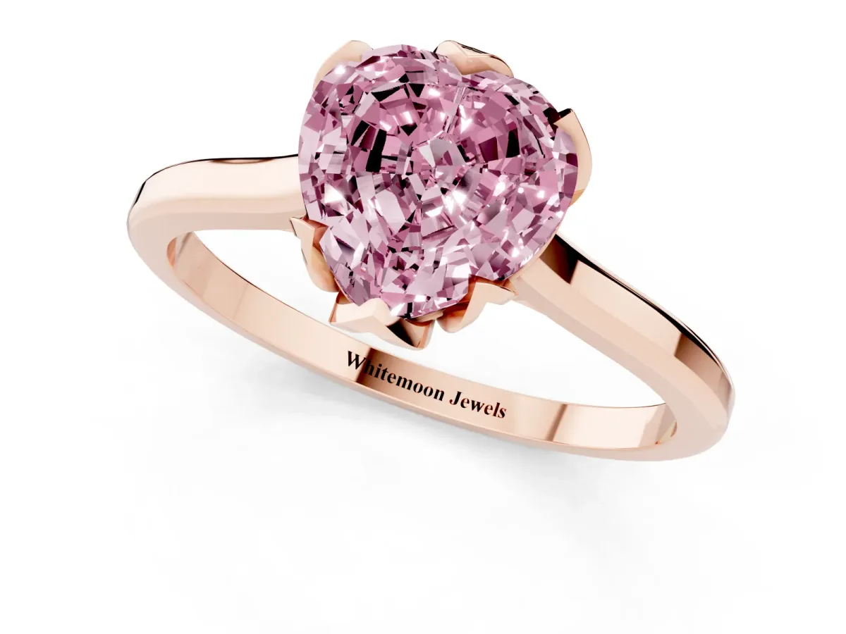 Fancy Pink Heart Cut Diamond Solitaire Ring with Flower Prong Setting and Classic Band Rose gold