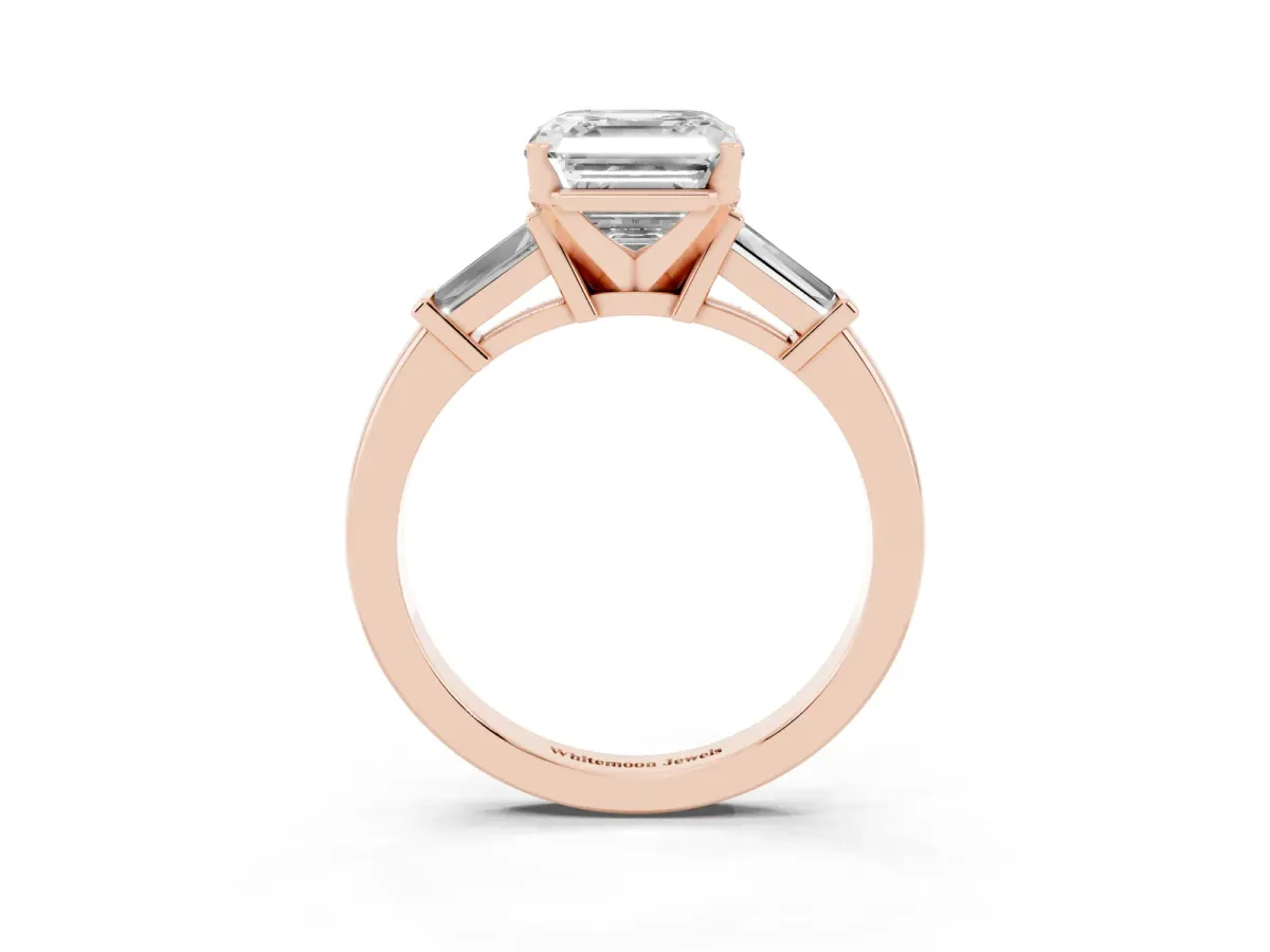 Asscher Cut Cut Diamond Solitaire Ring with Tapered Baguette Accents and Four-Prong Setting Rose gold