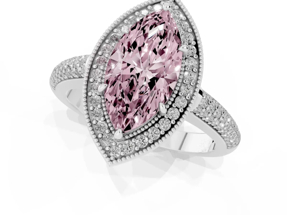 Fancy Pink Marquise Cut Cut Halo Diamond Pave Band with Four-Prong Setting Silver
