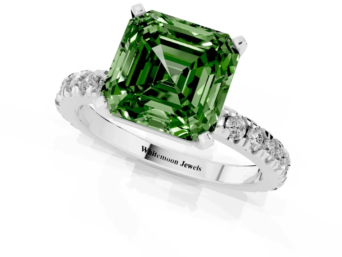 Fancy Green Asscher Cut Diamond Pavé Band Solitaire with Four-Prong Setting Silver