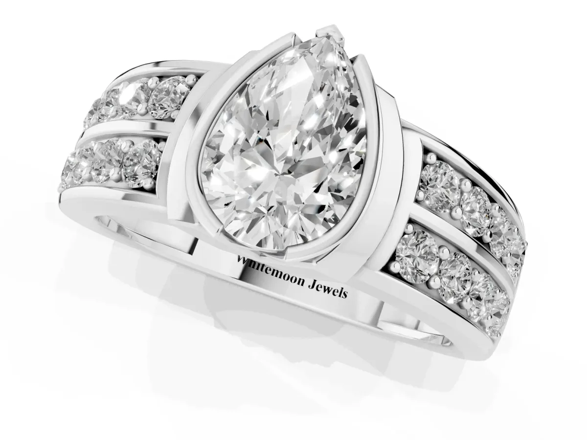 Pear Cut Brilliant Diamond Channel Set Wide Band Ring with Bezel Setting White gold