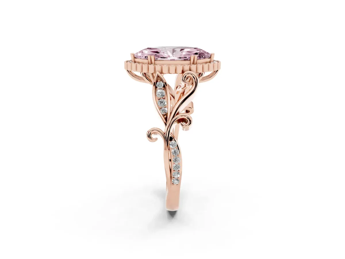 Fancy Pink Marquise Cut Diamond Halo Ring with Vintage Split Shank and Four-Prong Setting Rose gold
