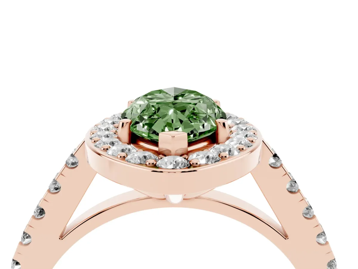 Fancy Green Marquise Cut Diamond Halo Ring with Round Pavé Split Shank and Prong Setting Rose gold