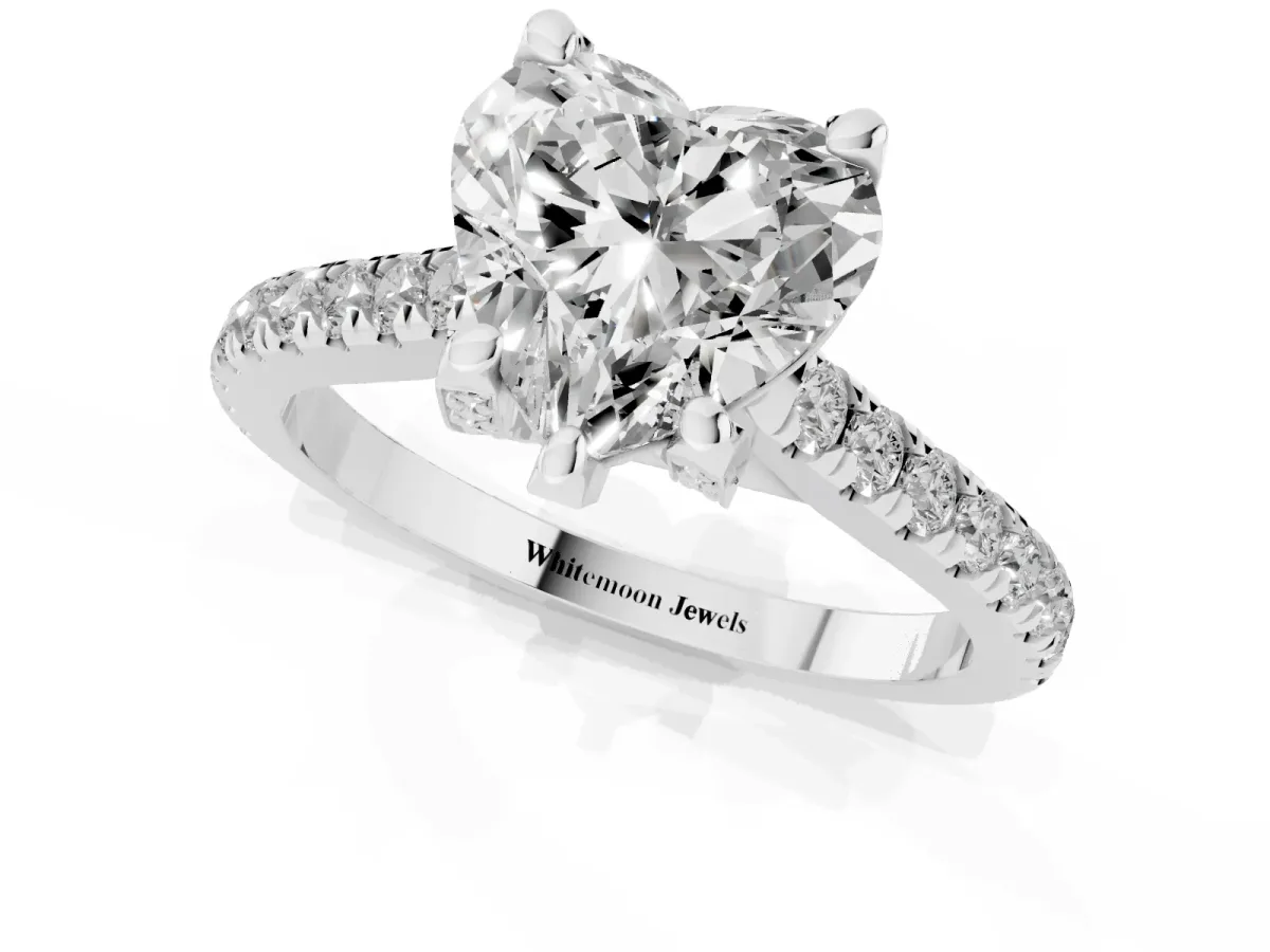 Heart Cut Brilliant Diamond Solitaire with Pavé Band and Four-Prong Setting White gold