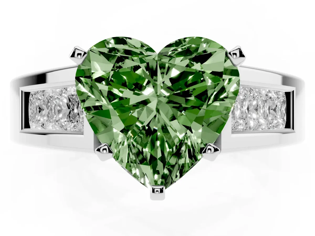 Fancy Green Heart Cut Cut Channel Set Solitaire Ring with Four-Prong Setting Silver