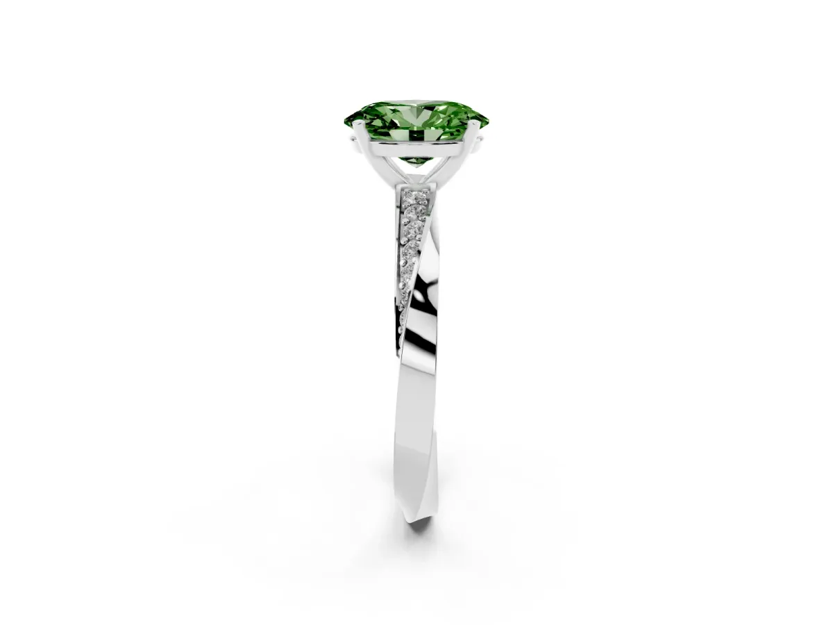 Fancy Green Oval Cut Diamond Engagement Ring with Side Stone Accents and Four-Prong Setting Platinum