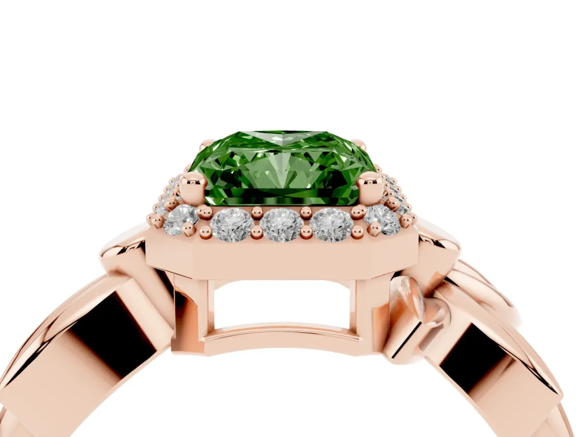Fancy Green Radiant Cut Halo Diamond Floral Band with Four-Prong Setting Rose gold