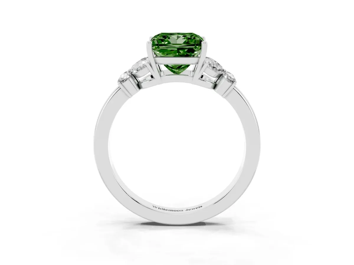 Fancy Green Princess Cut Cut Solitaire Floral Diamond Ring with Four-Prong Setting Silver
