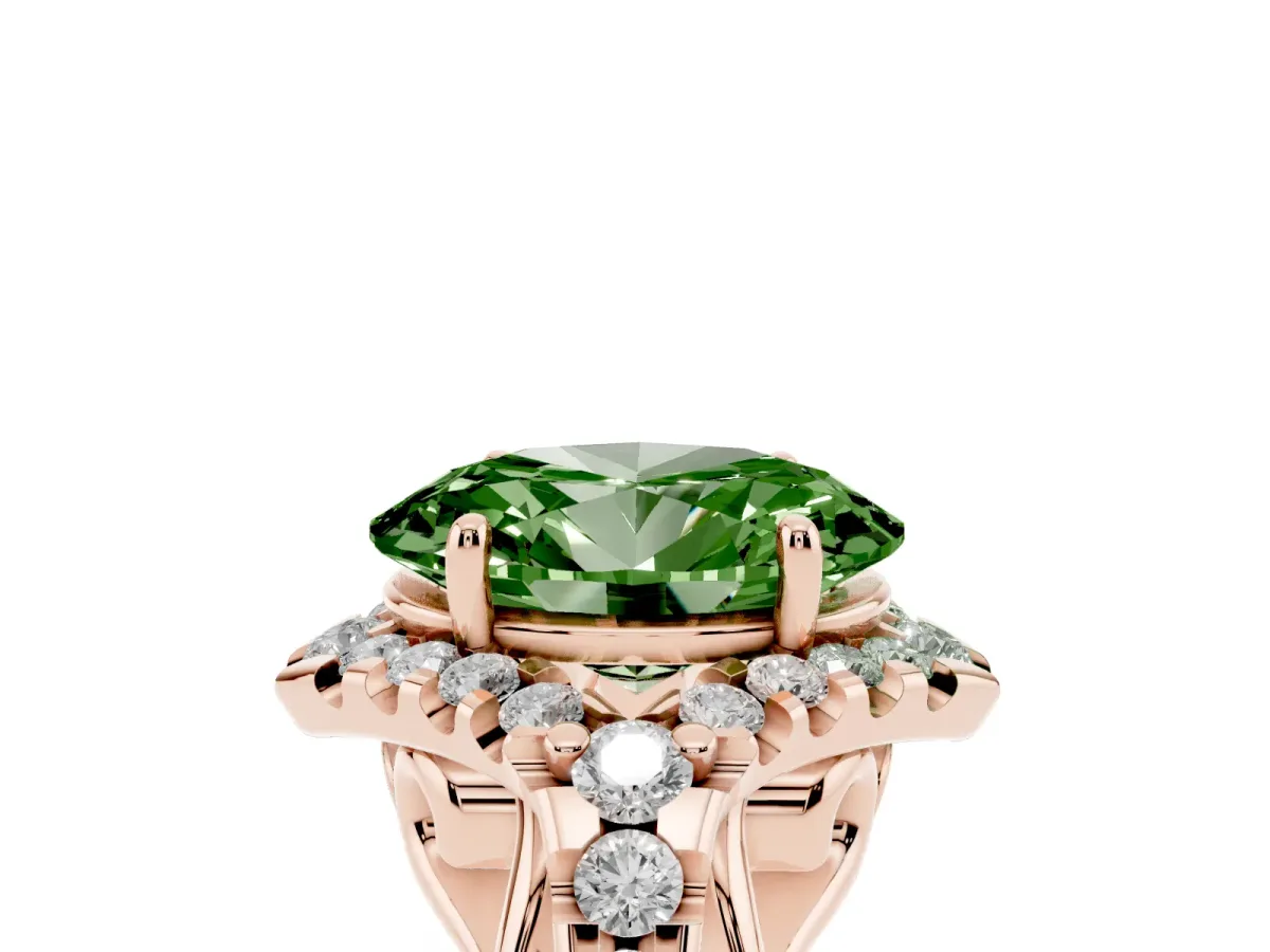 Fancy Green Oval Cut Diamond Solitaire Ring with Hidden Halo and Pavé Band Rose gold