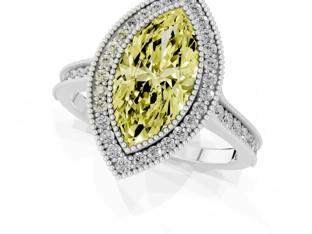 Fancy Yellow Halo Marquise Cut-Cut Diamond Pave Band Milgrain Prong Setting Ring White gold