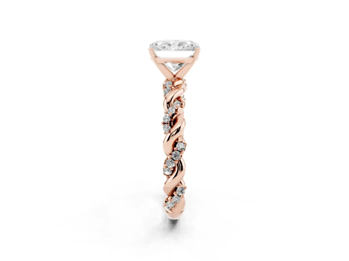 Radiant Cut Diamond Solitaire Ring with Twisted Band and Pavé Accents Rose gold