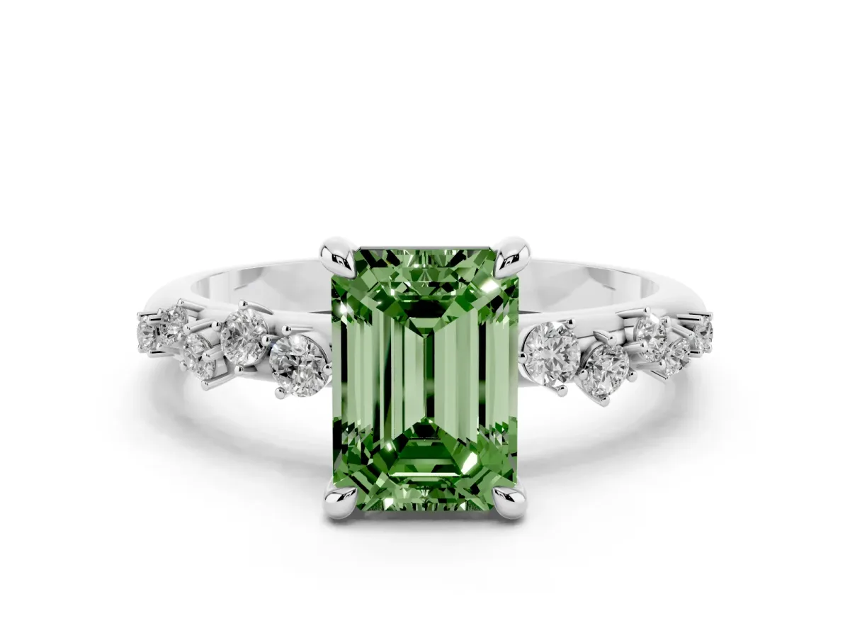 Fancy Green Emerald Cut Cut Diamond Vine Band with Four-Prong Setting Silver
