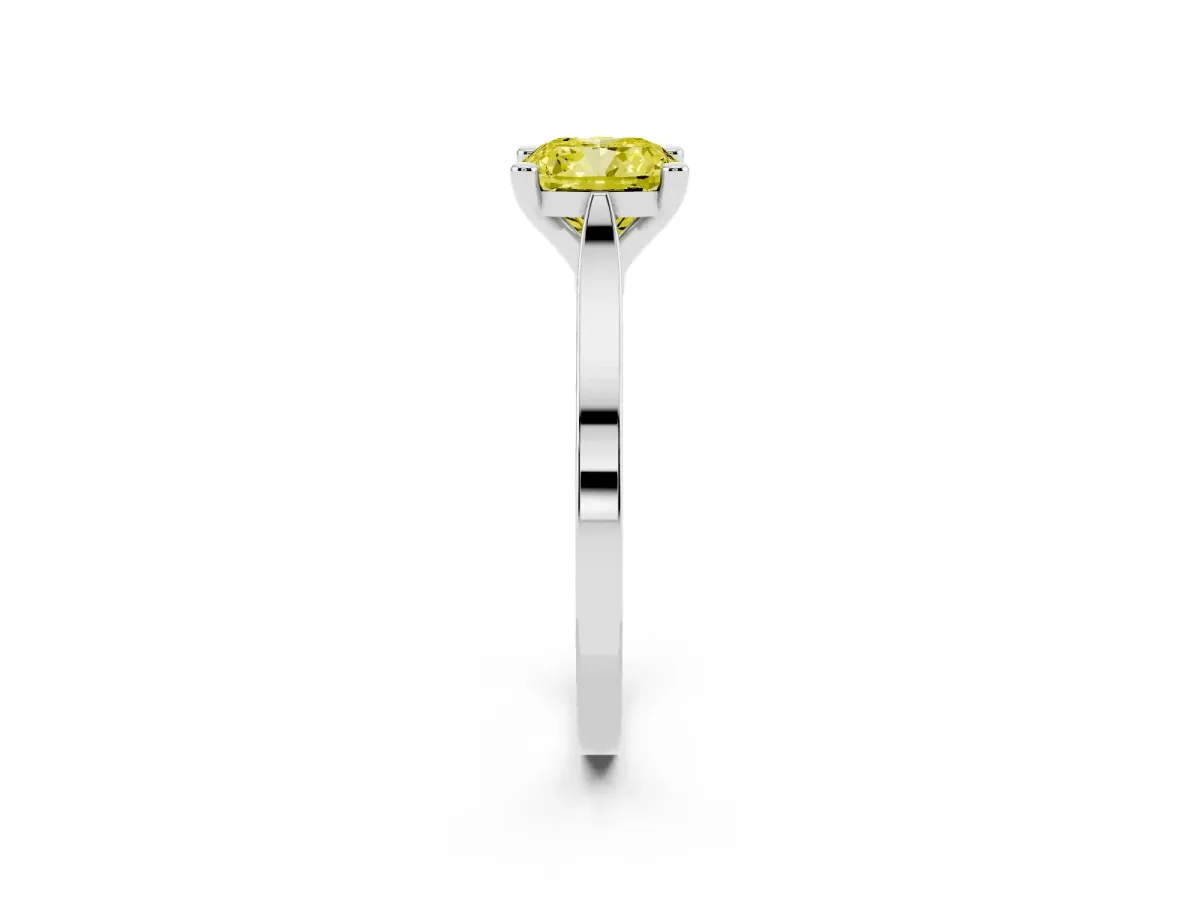 Fancy Yellow Cushion Cut Solitaire Diamond Ring with Four-Prong Setting and Tapered Band Silver