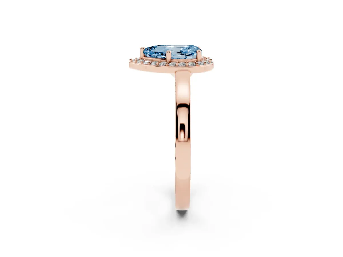 Fancy Blue Pear Cut Halo Diamond Ring with Solitaire Band and Prong Setting Rose gold