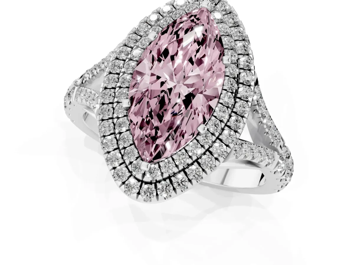 Fancy Pink Double Halo Marquise Cut Diamond Split Shank Engagement Ring with Four-Prong Setting Platinum