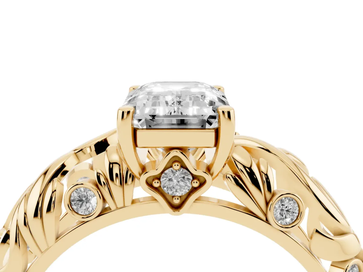 Emerald Cut Solitaire Diamond Leaf-Inspired Vine Band Ring with Prong Setting Yellow gold