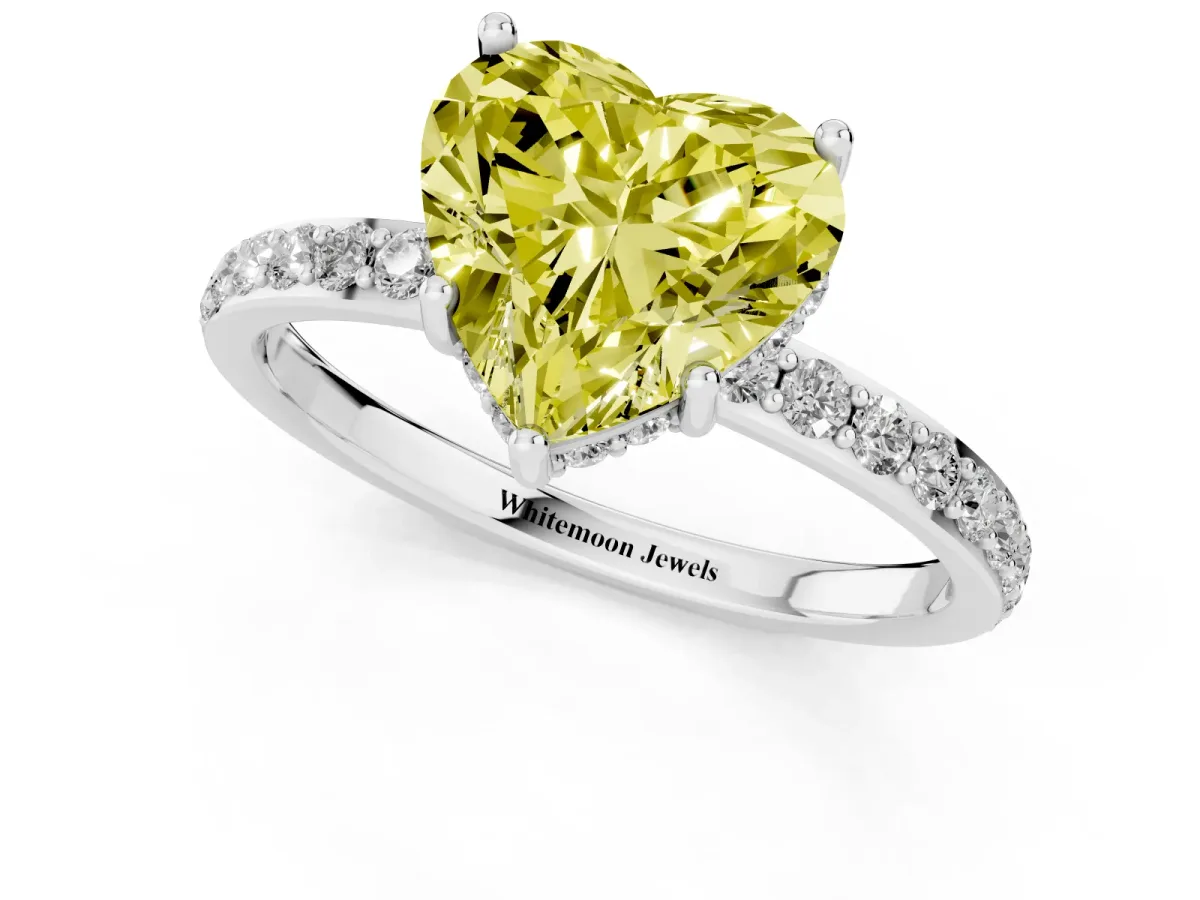 Fancy Yellow Heart Cut Diamond Solitaire Ring with Pavé Band and Hidden Halo Silver
