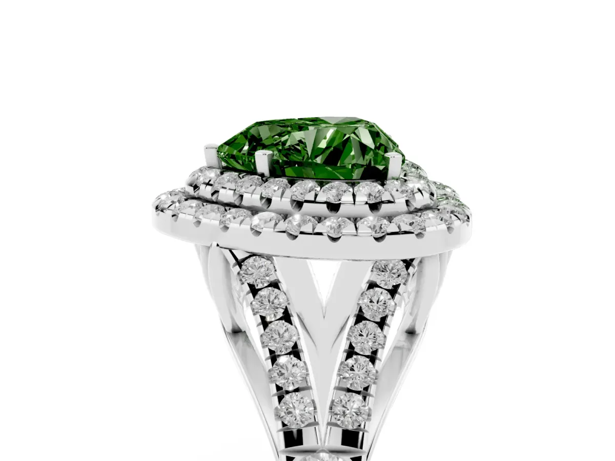 Fancy Green Heart Cut Cut Double Halo Split Shank Diamond Ring with Prong Setting Platinum