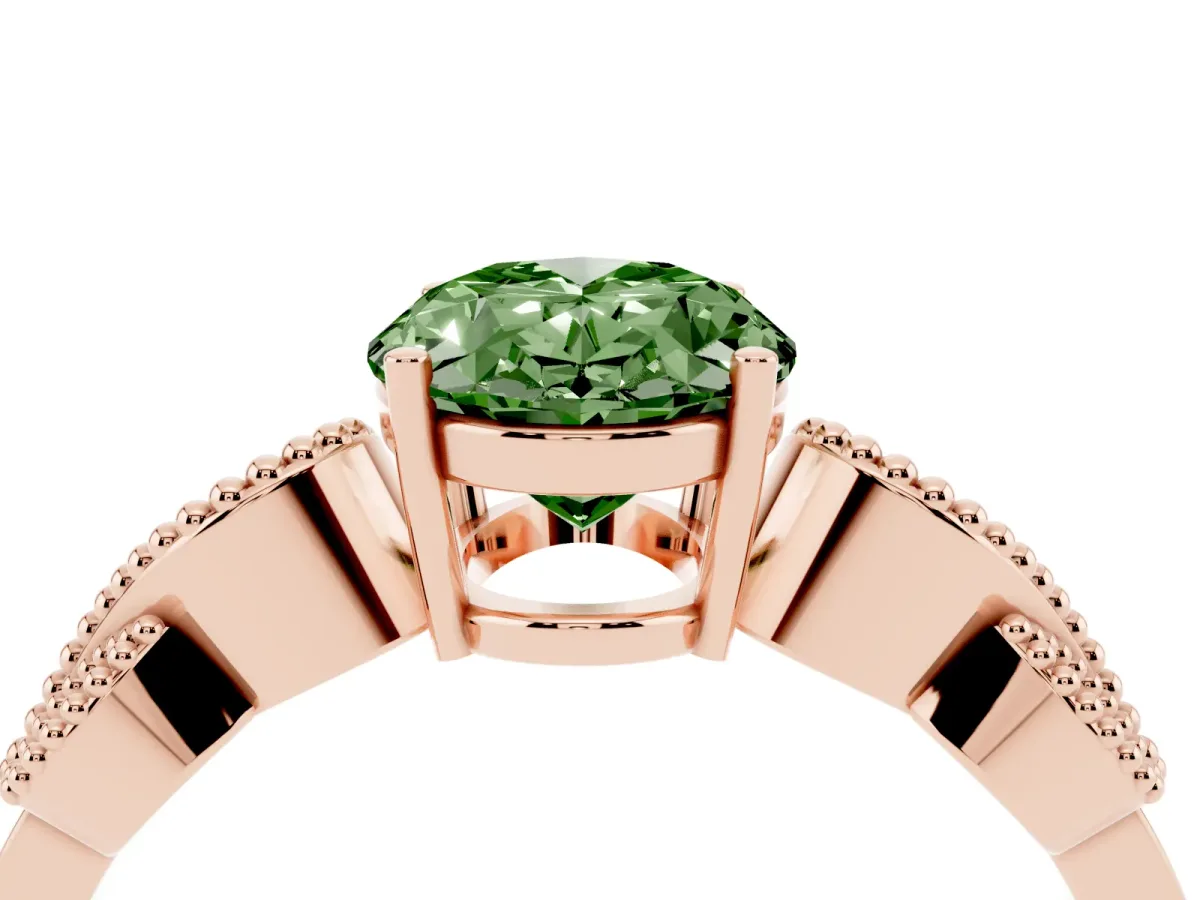 Fancy Green Oval Cut Solitaire Milgrain Leaf Band with Prong Setting Rose gold
